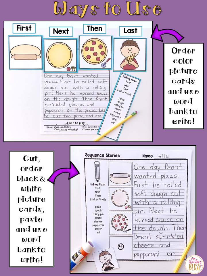 Naturally differentiate your writing centers with these FALL story sequence writing prompts! For this writing activity, students use four sequence picture cards to order events, then use transition words and specific story vocabulary to write their piece! The resource includes color pictures, a “Good Writers” editing check list at the bottom of the paper, and a basic sight word list to post in your writing center!