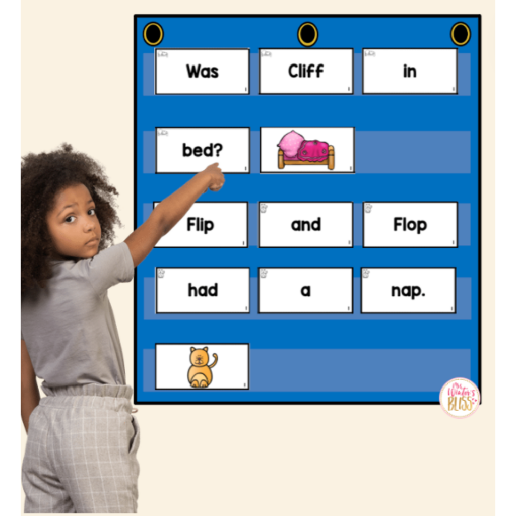 2 versions of sentence building word cards are included in the resource.  There are large word cards that work well with a pocket chart. The small cards are for small group instruction and students’ independent practice at their desks.   