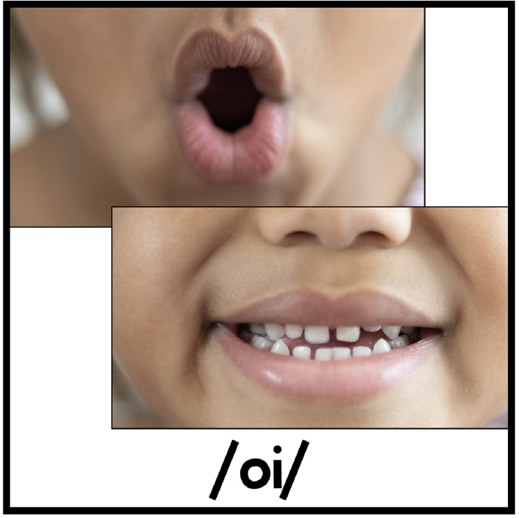 Mouth articulation photos for the diphthong /oi/ help students see there are two mouth movements when they make the sound. 