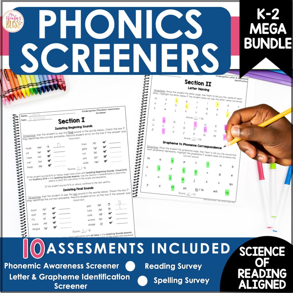Kindergarten, 1st Grade, 2nd Grade Phonics Screeners – Spelling Reading Assessments