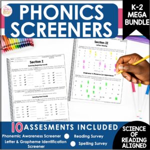 Kindergarten, 1st Grade, 2nd Grade Phonics Screeners - Spelling Reading Assessments