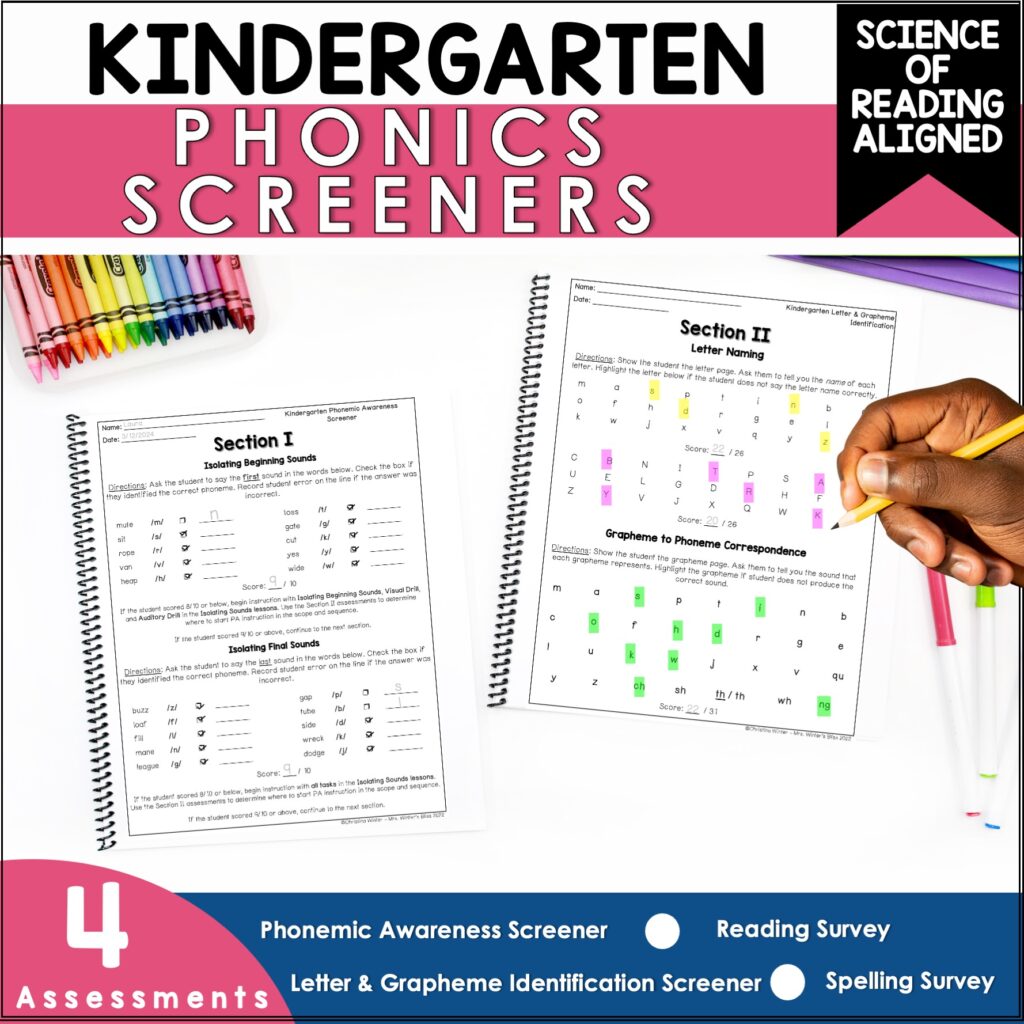 Kindergarten Phonics Screeners – Spelling Reading Assessments